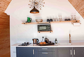 Glamping cabin kitchen Suffolk